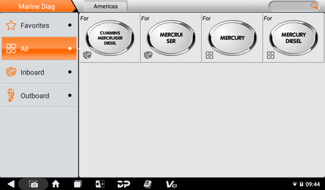 Screen capture of OBDSTAR iScan Pro MERCRUISER Marine software interface with brand selection options