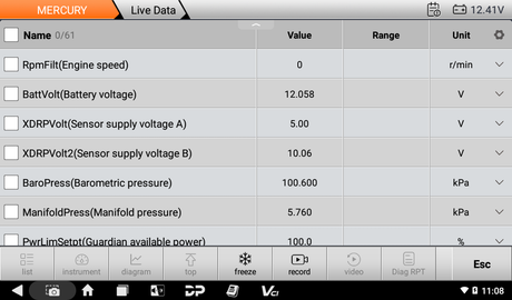 OBDSTAR iScan Pro MERCRUISER Marine screen displaying live data of vehicle diagnostics with various parameters and values