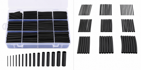 Black heat shrink tubing in a clear organizer box with additional tubing displayed