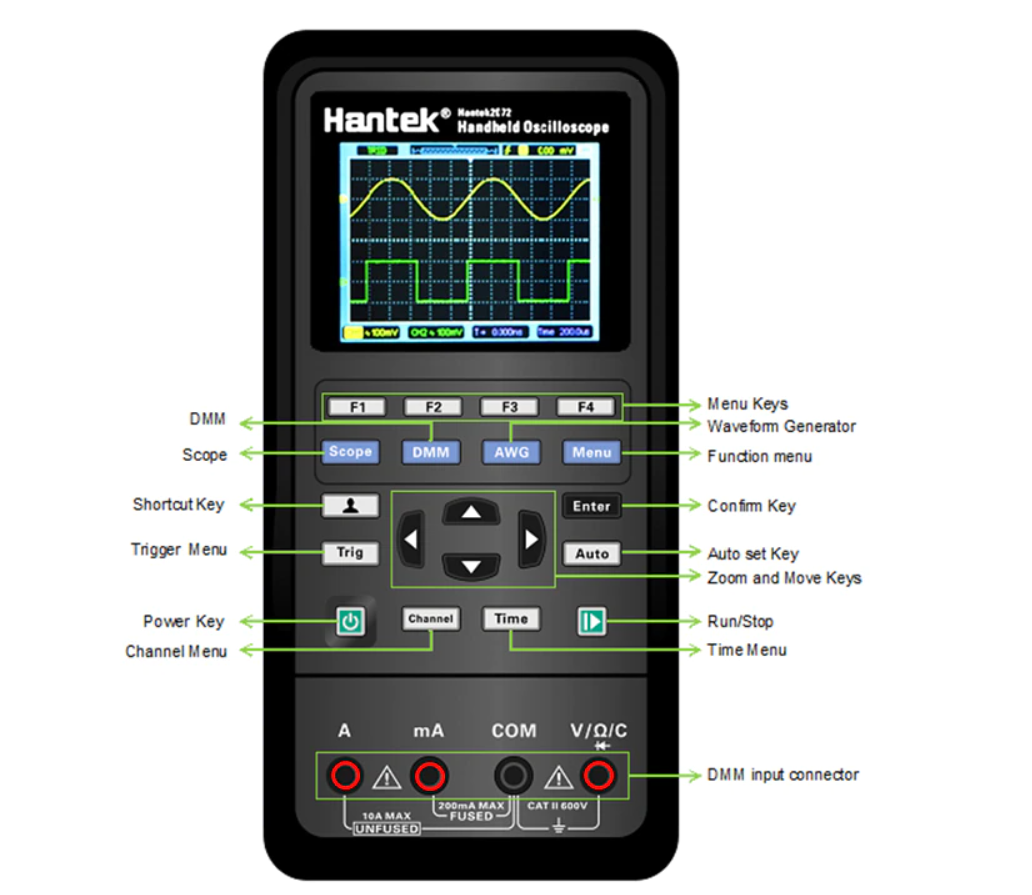 Hantek Digital Oscilloscope + Waveform Generator + Multimeter 2 Channels 70mhz LCD Display