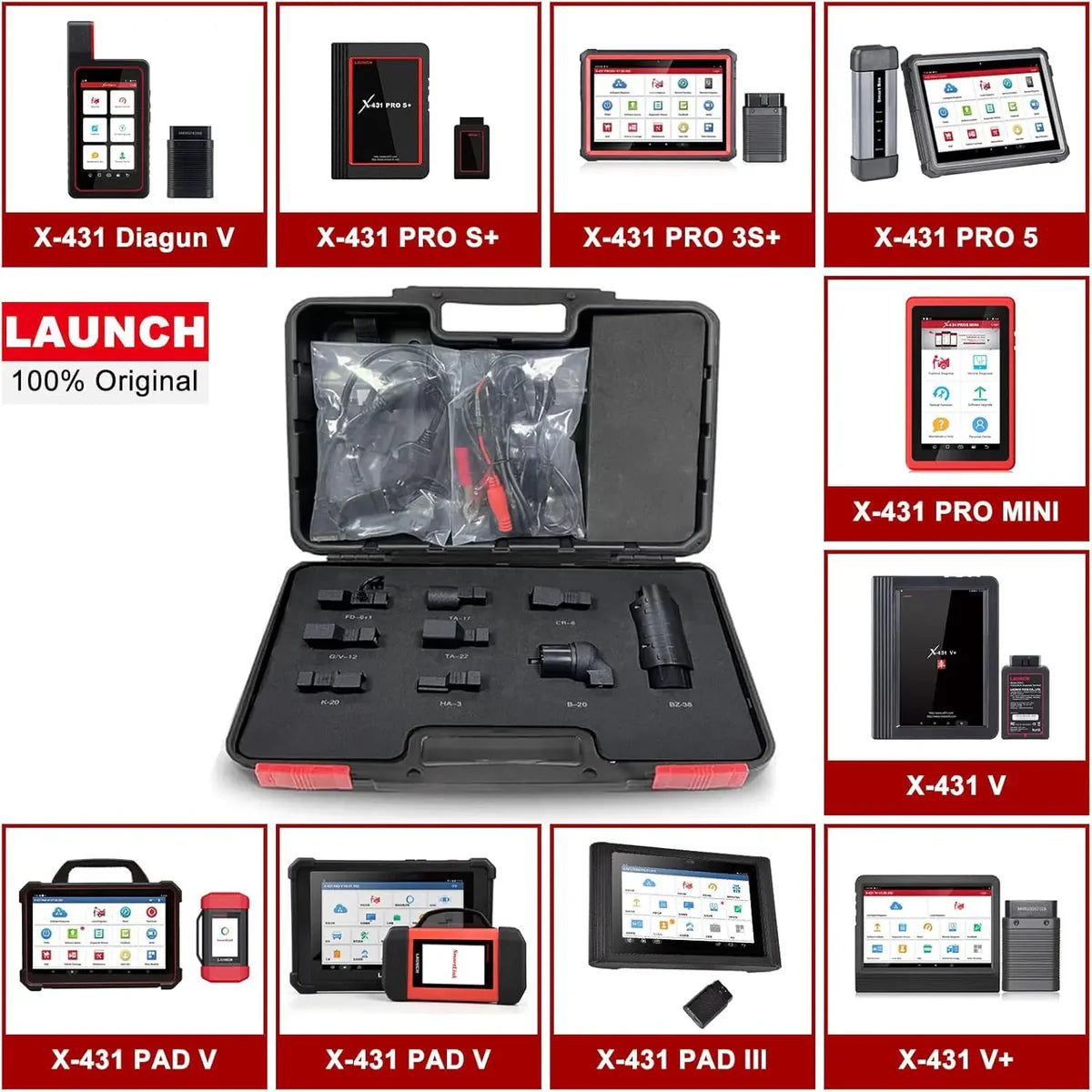 LAUNCH OBD1 Adapter Kit surrounded by collection of Launch diagnostic tools with various models displayed