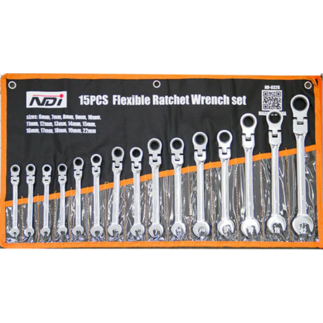 NDI Flexi Head Ratchet Spanner Set 6MM-22MM 15 PCS