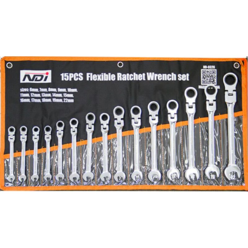 NDI Flexi Head Ratchet Spanner Set 6MM-22MM 15 PCS