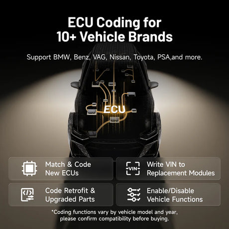 Topdon ONE ECU coding services compatible with 10+ vehicle brands, including BMW, Benz, VAG, Nissan, Toyota, and PSA.