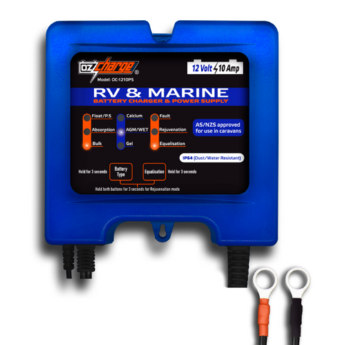 OzCharge 12 Volt 10 Amp RV Marine Battery Charger & Power Supply IP64