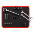 A 12-piece socket wrench set arranged neatly on a magnetic tool organiser mat. The set includes a ratchet, two open-end wrenches, three sockets, three bolts, two nuts, and two adapter bars.