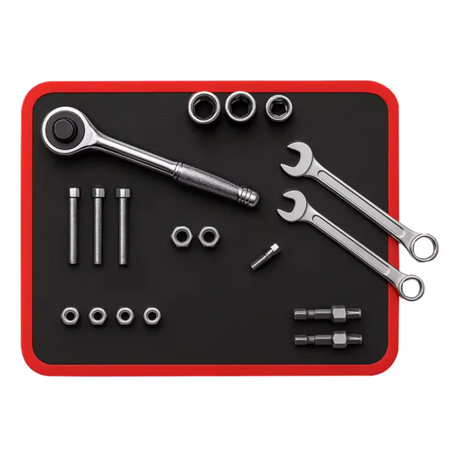 A 12-piece socket wrench set arranged neatly on a magnetic tool organiser mat. The set includes a ratchet, two open-end wrenches, three sockets, three bolts, two nuts, and two adapter bars.