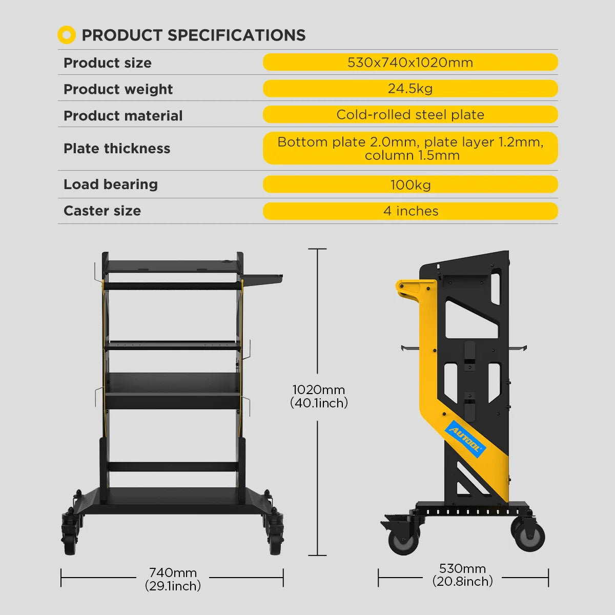 AUTOOL Heavy-Duty 3-Tier Rolling Diagnostic Tool Cart – 300kg Capacity