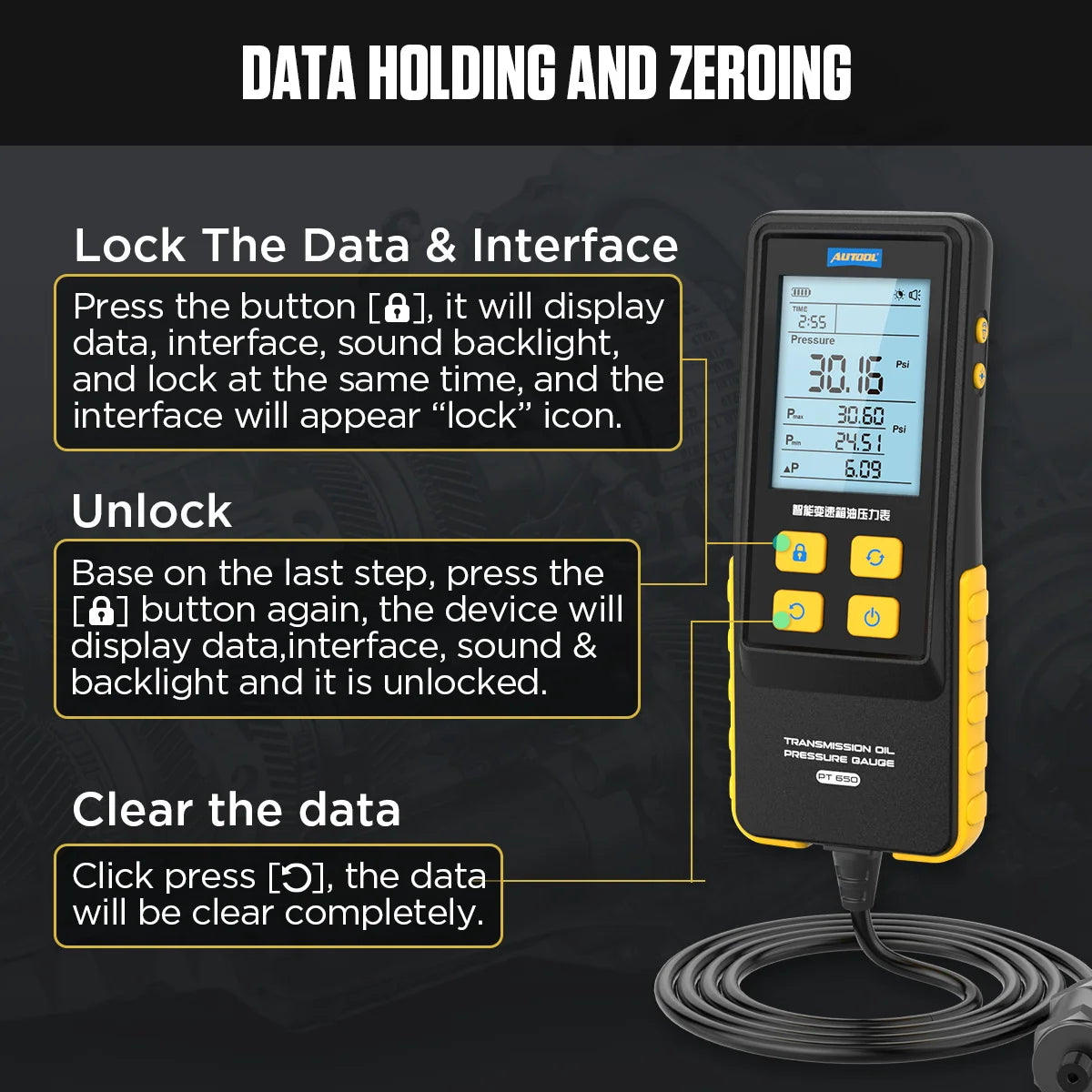 AUTOOL PT650 data holding and zeroing