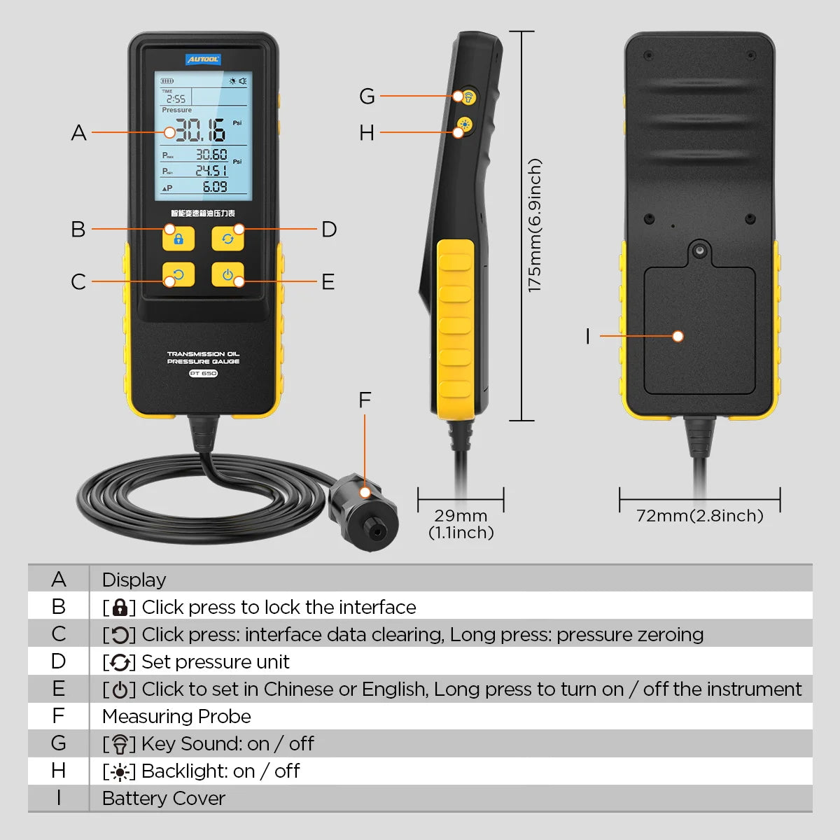 AUTOOL PT650 ATF Transmission Oil Pressure Digital Gauge 0–426 PSI