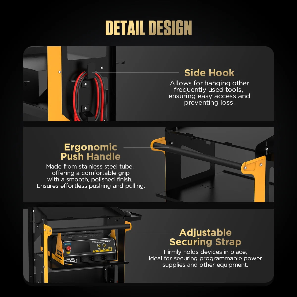 Detailed design features of AUTOOL tool holder with side hook, ergonomic push handle, and adjustable securing strap