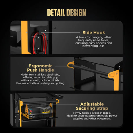 Detailed design features of AUTOOL tool holder with side hook, ergonomic push handle, and adjustable securing strap