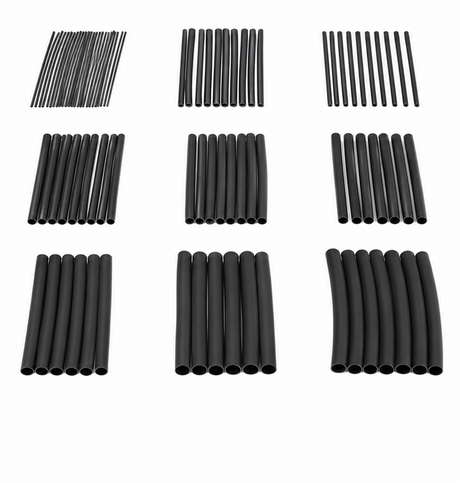 Multiple black heat shrink insulation sleeves arranged in rows
