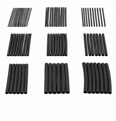 Multiple black heat shrink insulation sleeves arranged in rows