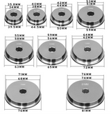 9 precision-machined aluminum collars/discs with dimensions labeled