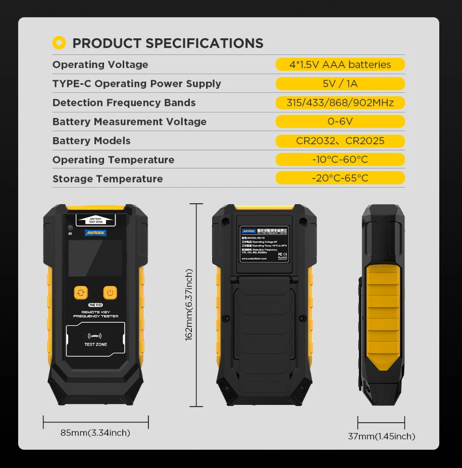 AUTOOL RE110 specifications with battery details and dimensions