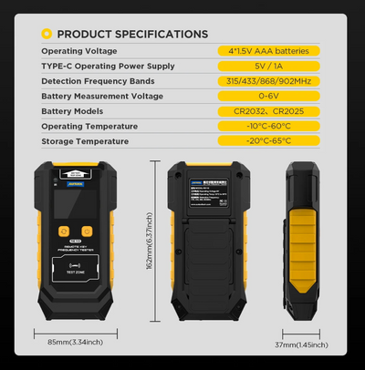AUTOOL RE110 specifications with battery details and dimensions
