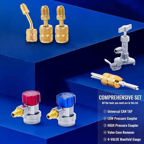 A comprehensive A/C and refrigerant service kit