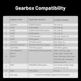 table showing gearbox compatibility with adapter names and applicable models