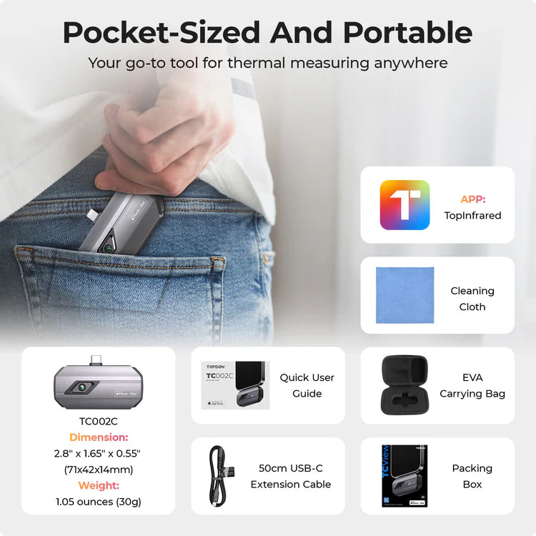 pocket-sized Topdon TC002C with accessories and app information