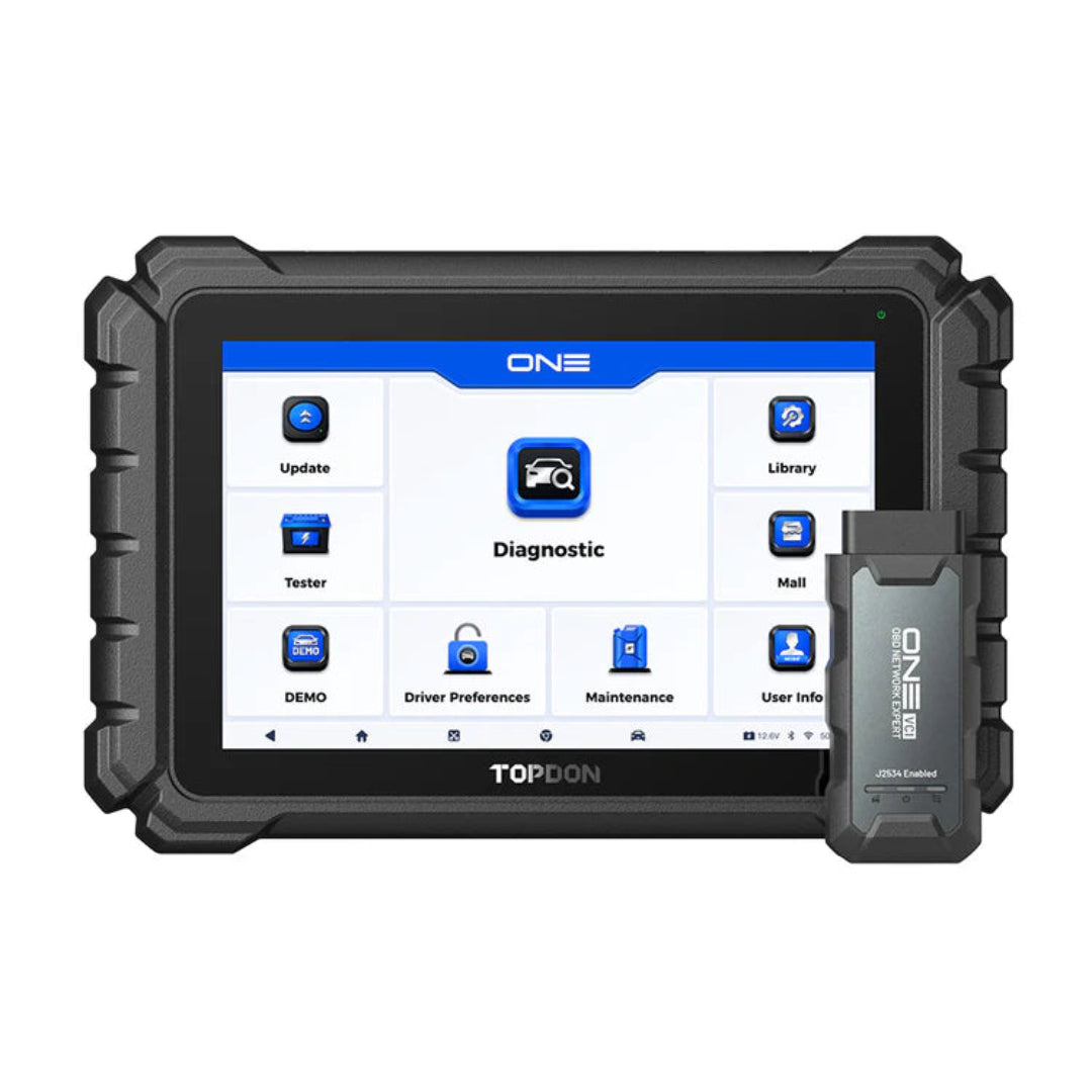 TopDon ONE diagnostic tool with screen displaying various functions