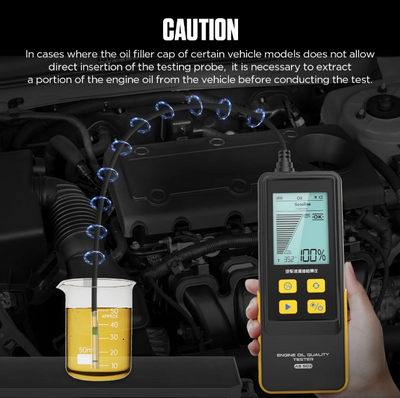 AUTOOL AS503 digital oil quality tester being used on a vehicle engine with a beaker of oil.