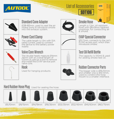 AUTOOL SDT106 list of accessories