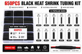 650-piece black heat shrink tubing kit with packaging and size chart.