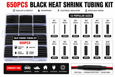 650-piece black heat shrink tubing kit with packaging and size chart.