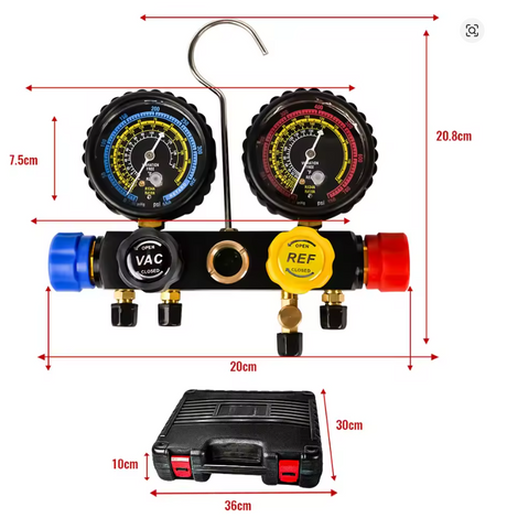 A dual gauges feature color-coded scales with dimension annotations