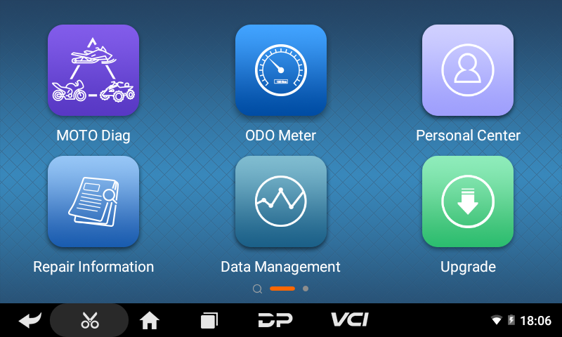 OBDSTAR iScan KTM HUSQVARNA set of app icons with labels for 'MOTO Diag', 'ODO Meter', 'Personal Center', 'Repair Information', 'Data Management', and 'Upgrade'
