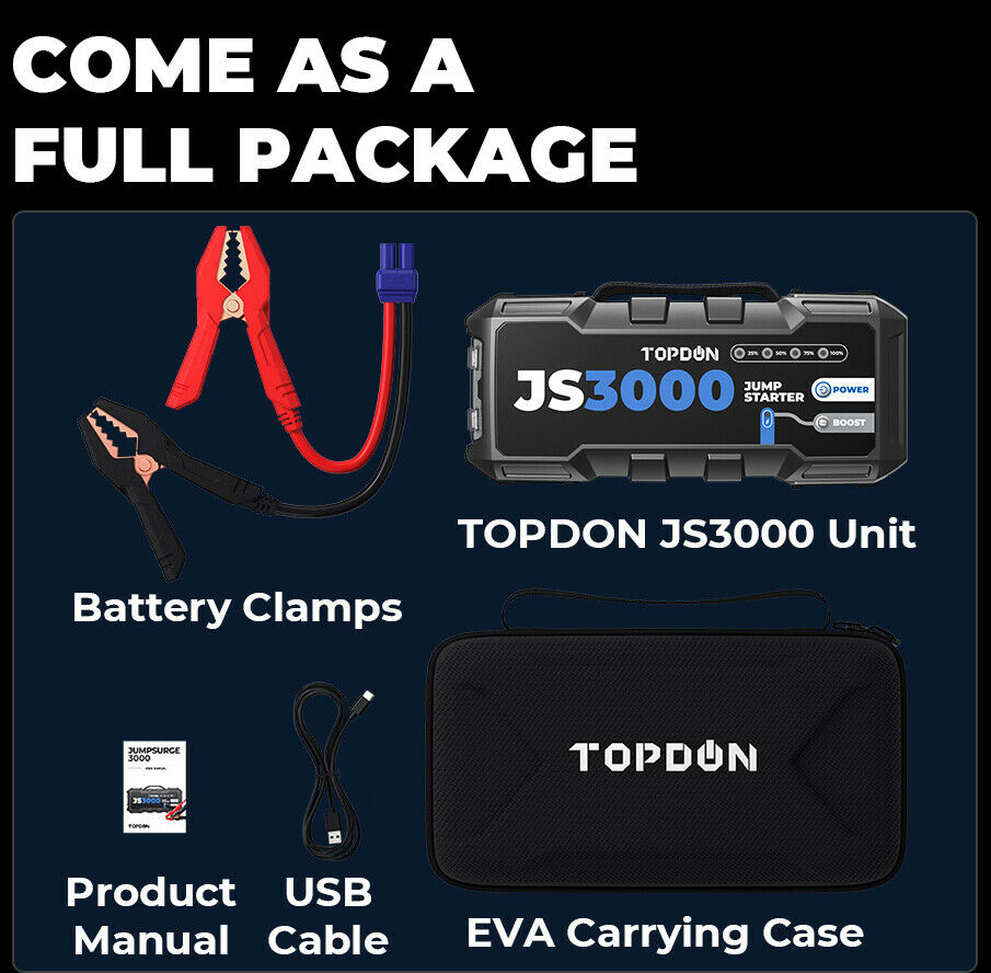 Car Battery Jump Starter TOPDON JS3000 12V 3000A Battery Booster for Up to  9L Gas/ 7L Diesel Engines 