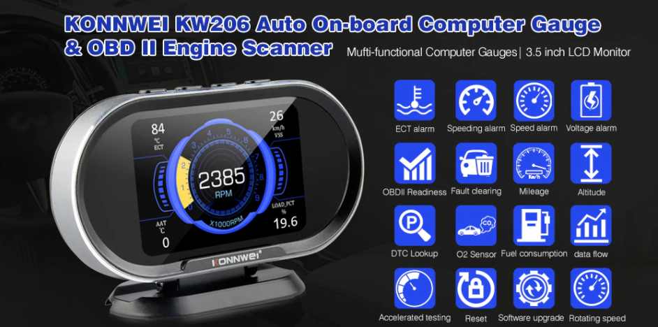 konnwei kw206 obd2 heads up display trip computer and vehicle monitoring system