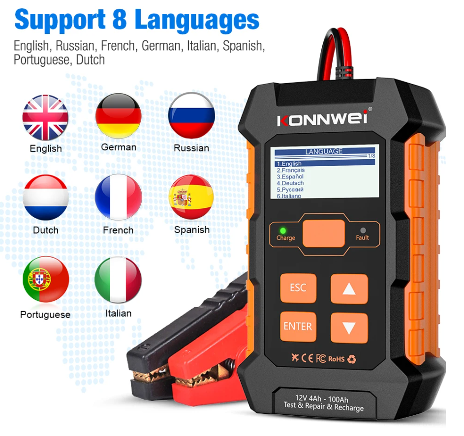 KONNWEI KW520 Battery Charger + Tester  + Repairer For 12/24V