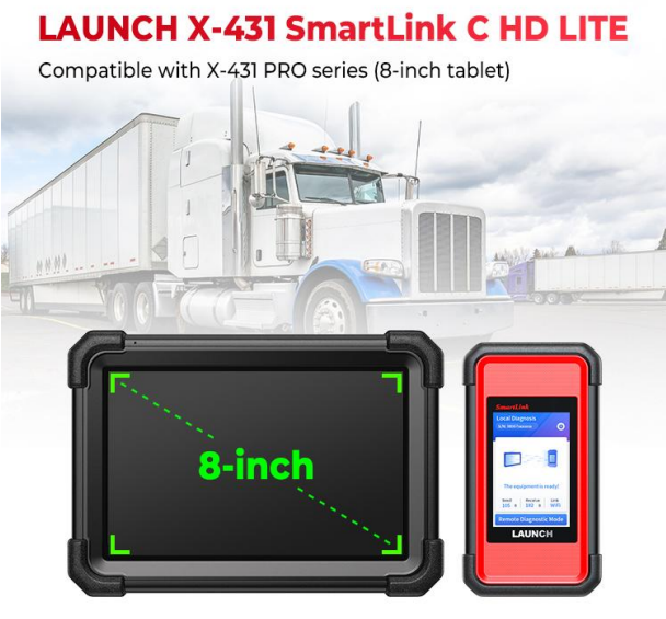 Launch X-431 SmartLink C HD LITE diagnostic tool with truck in the background