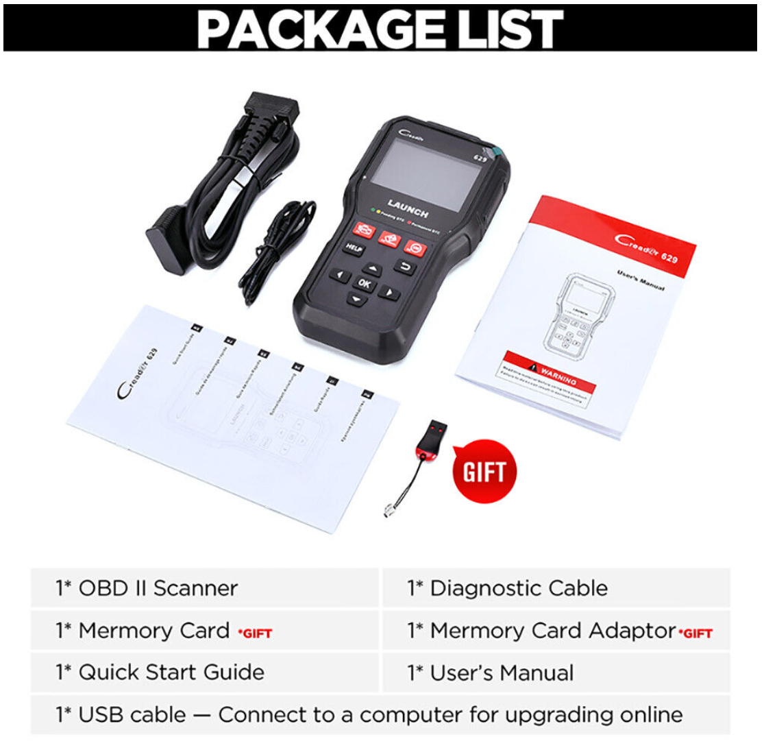 Launch CR629 OBD2 scanner full kir PACKING LIST 