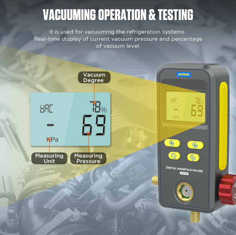 AUTOOL LM110 Digital Manifold Meter Air Conditioner Refrigerant Leak Tester HVAC Vacuum