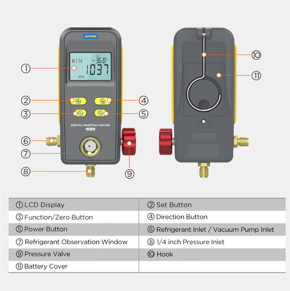 AUTOOL LM110 Digital Manifold Meter Air Conditioner Refrigerant Leak Tester HVAC Vacuum