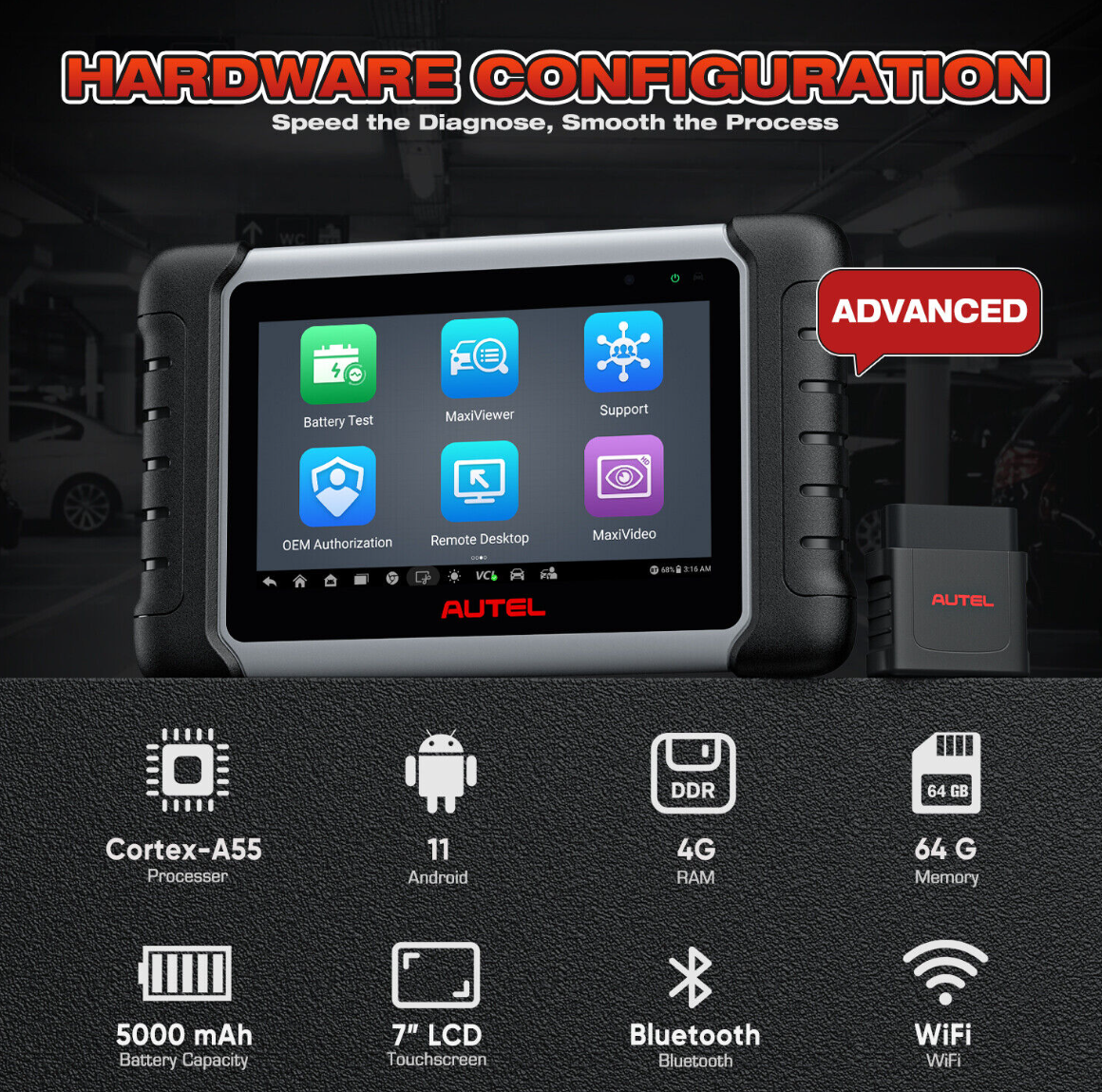 Autel MaxiCOM MK808K-BT hardware specifications