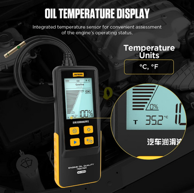 AUTOOL oil temperature display device with digital screen and sensor on a car engine background