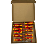 Set of insulated screwdrivers and a voltage testing pen in a cardboard box