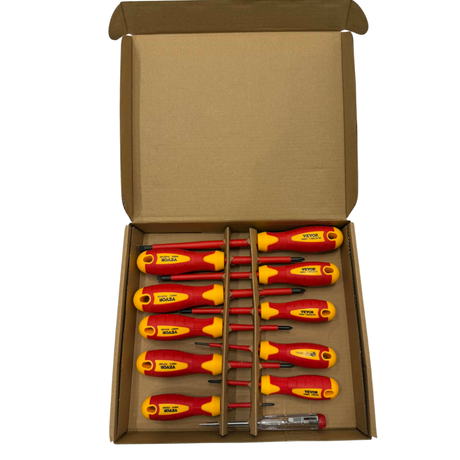 Set of insulated screwdrivers and a voltage testing pen in a cardboard box
