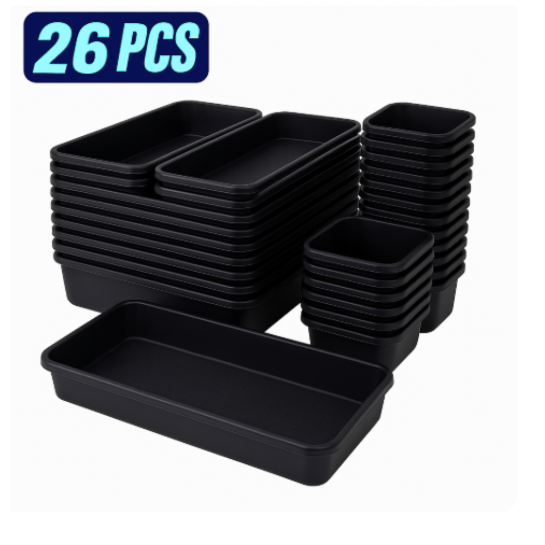 26 black plastic trays stacked