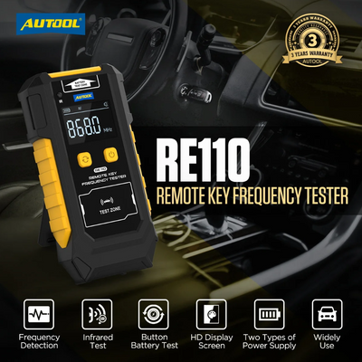Remote key frequency tester RE110 with car interior background, AUTOOL branding, and warranty badge