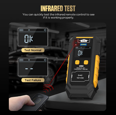 AUTOOL RE110 infrared remote control tester with digital display and remote control in use