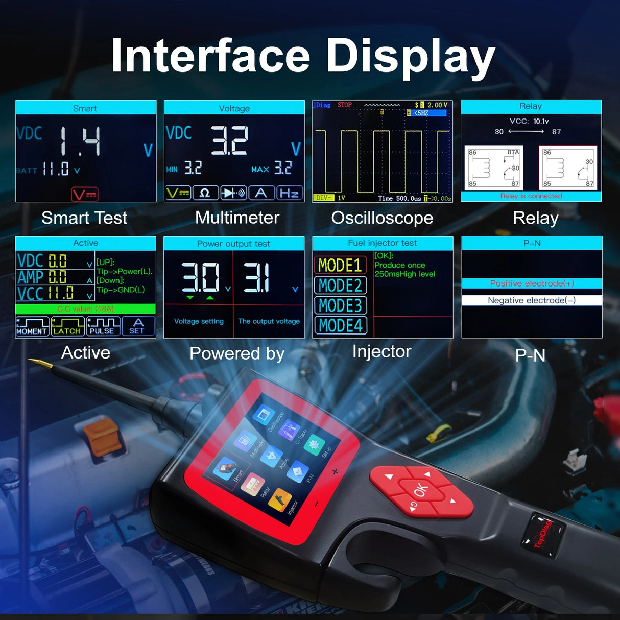 TopDiag P200 with interface display showing various measurements and tests