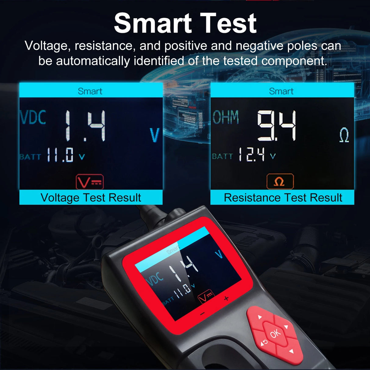 TopDiag P200 displaying voltage and resistance test results