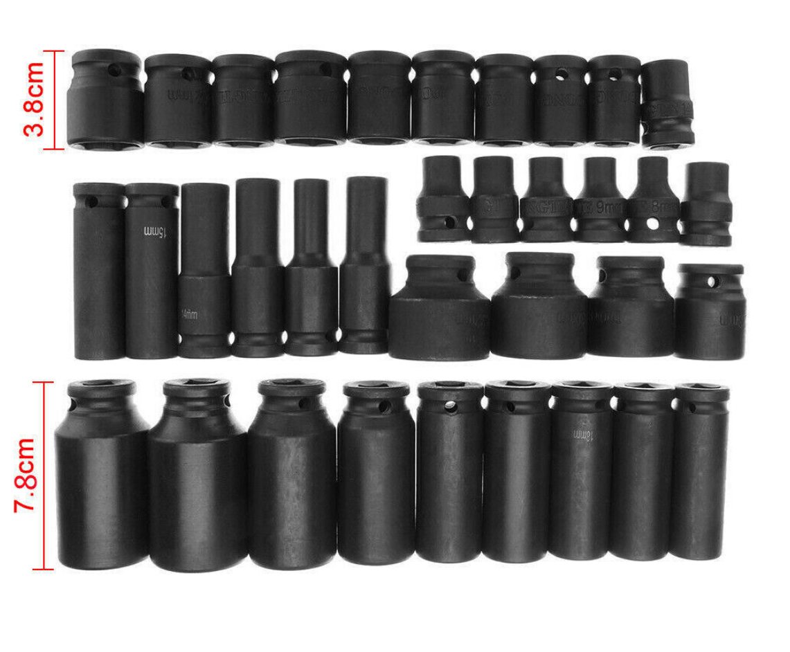 35-piece 1/2" drive standard and deep socket lengths