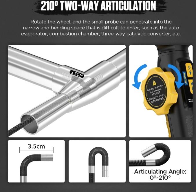 AUTOOL SVB305 210 degree two-way articulation probe and measurement details