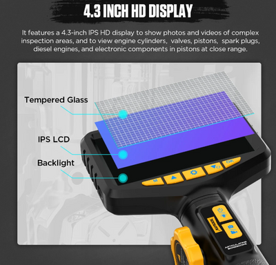 AUTOOL SVB305 handheld device with 4.3-inch HD display featuring tempered glass, IPS LCD, and backlight